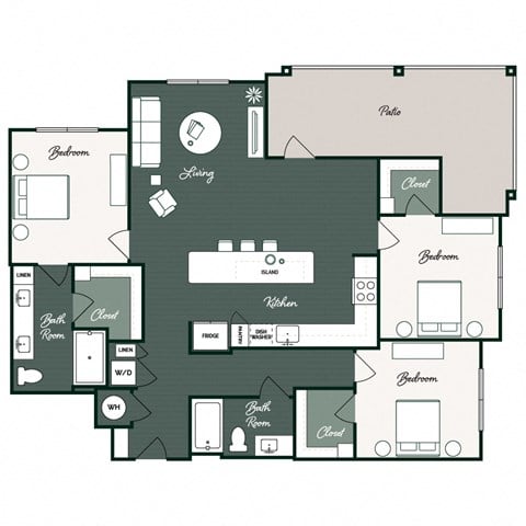 Floor plan for 3 beds, 2 baths, 1387 sqft